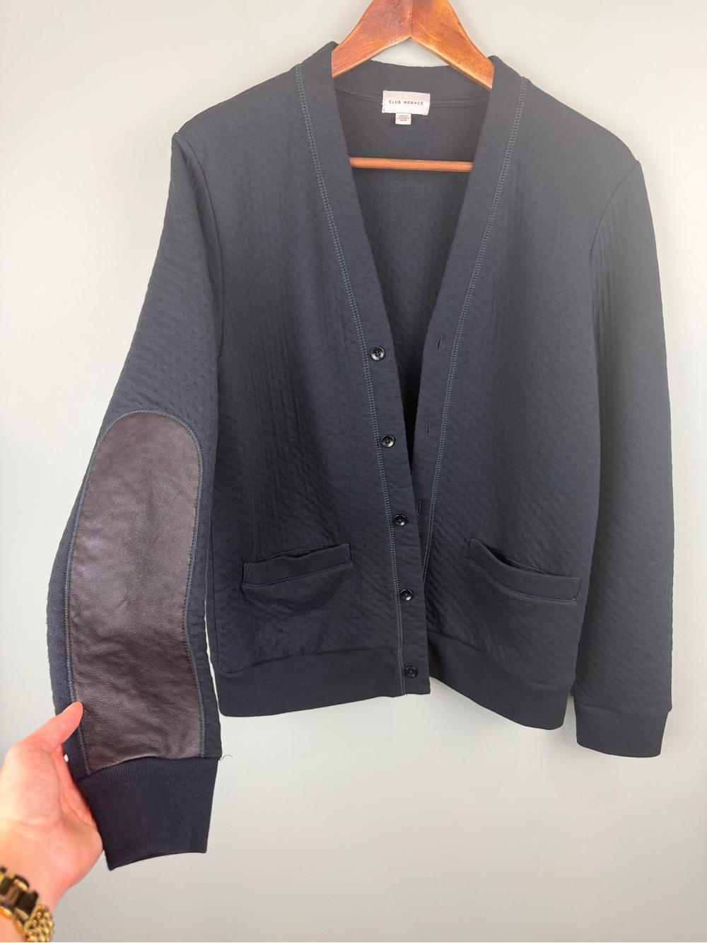 Men’s Club Monaco Black Cardigan with Faux Leather Elbow Patches size Small